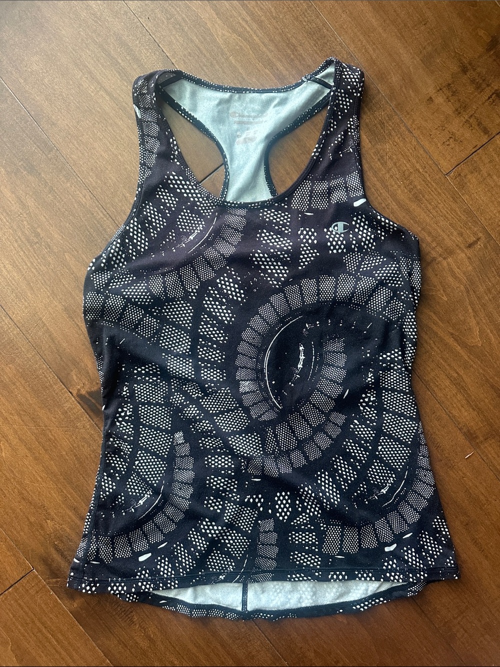 Champion Black Racerback Tank with White Dot Spiral Print